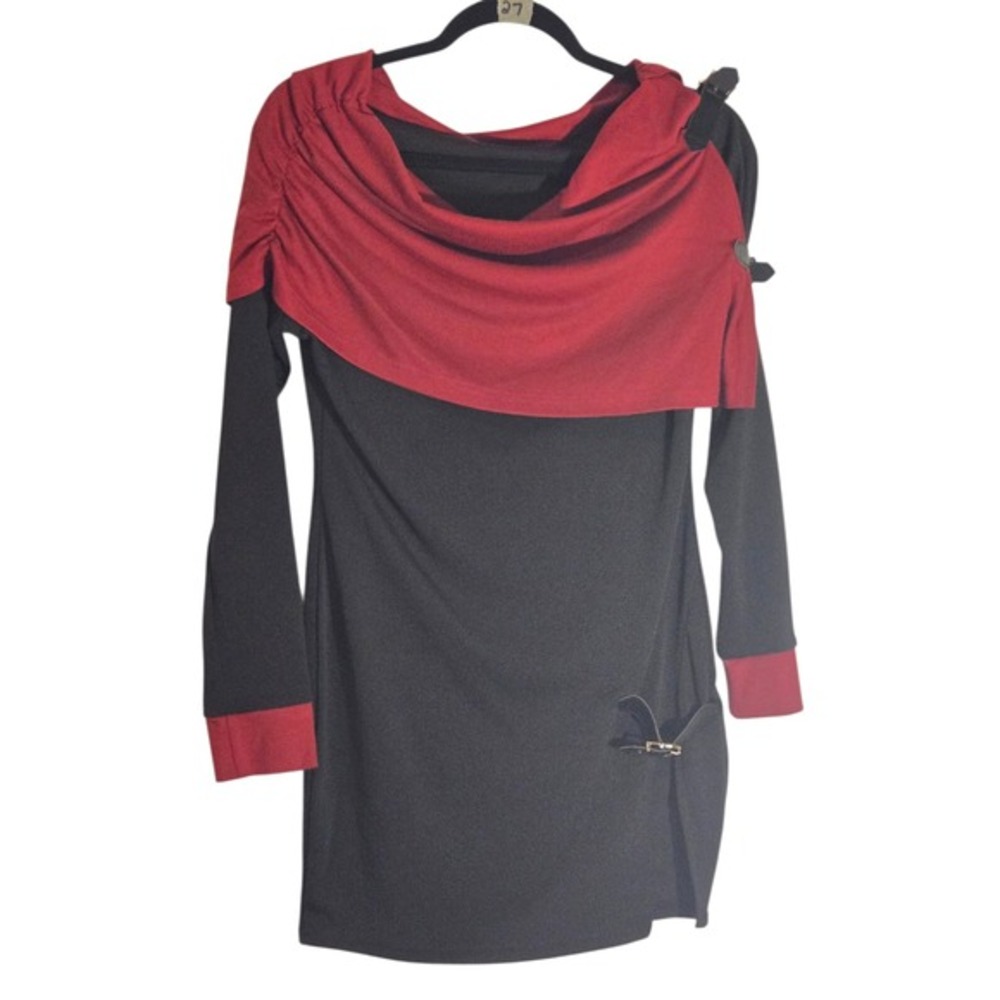 Black and Red Colorblock Buckle Detail Long Sleeve Mini Dress Cowl Neck